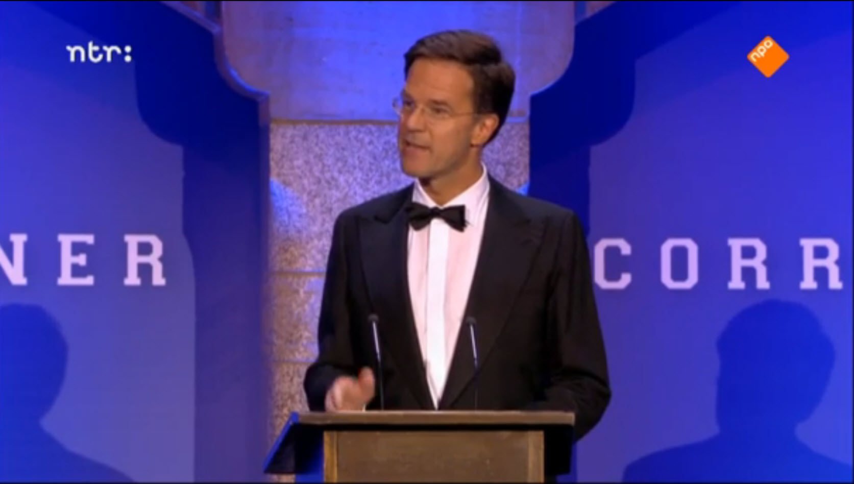 Rake grappen van premier Rutte tijdens 'Correspondents'Dinner'.